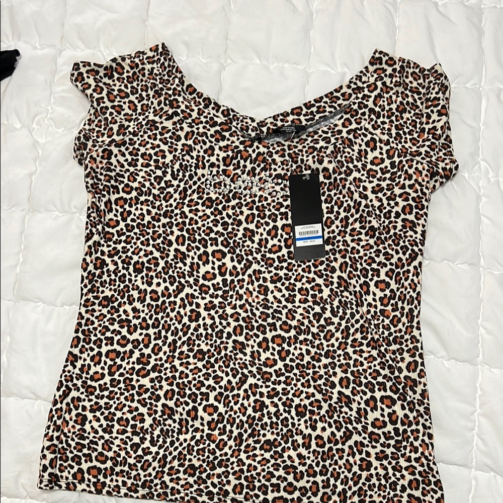Bebe Black and Brown Ruffled Fitted Blouse